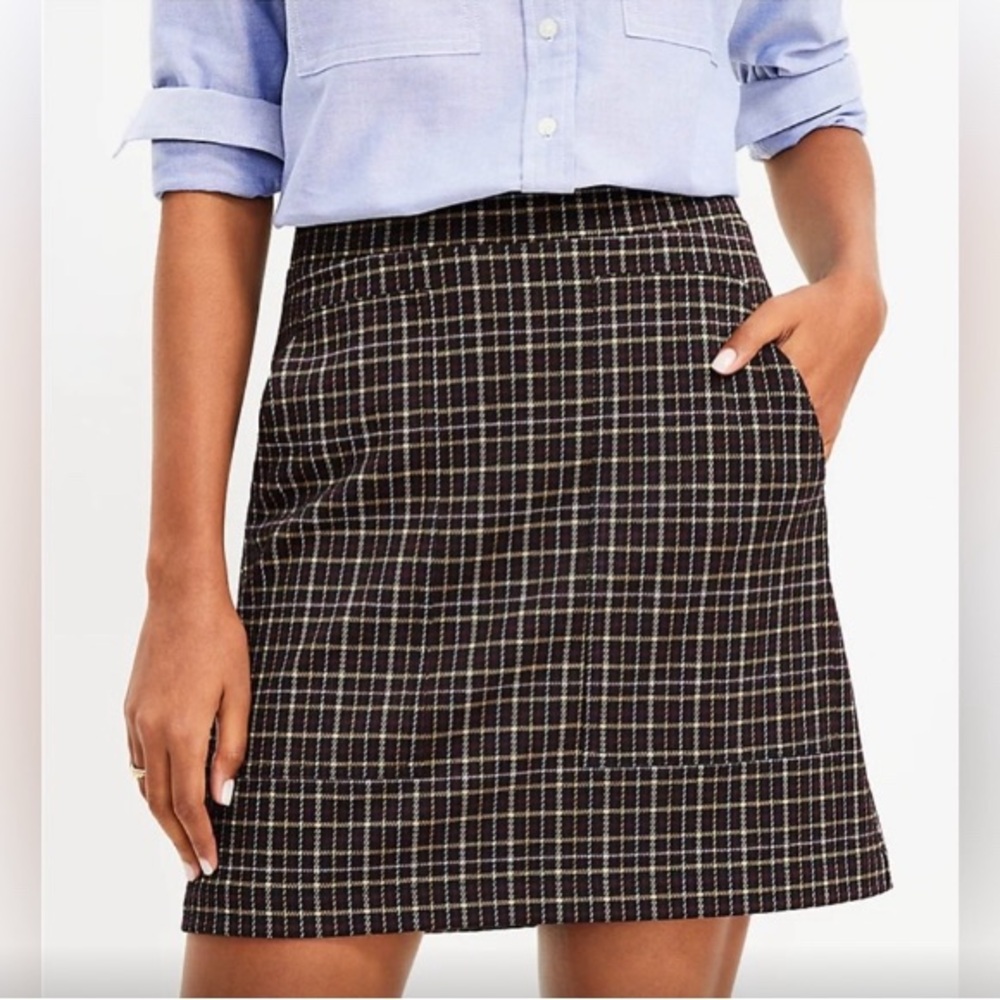 NWT Loft Plaid Pocket Shift Skirt, XS, tan, black, white, maroon